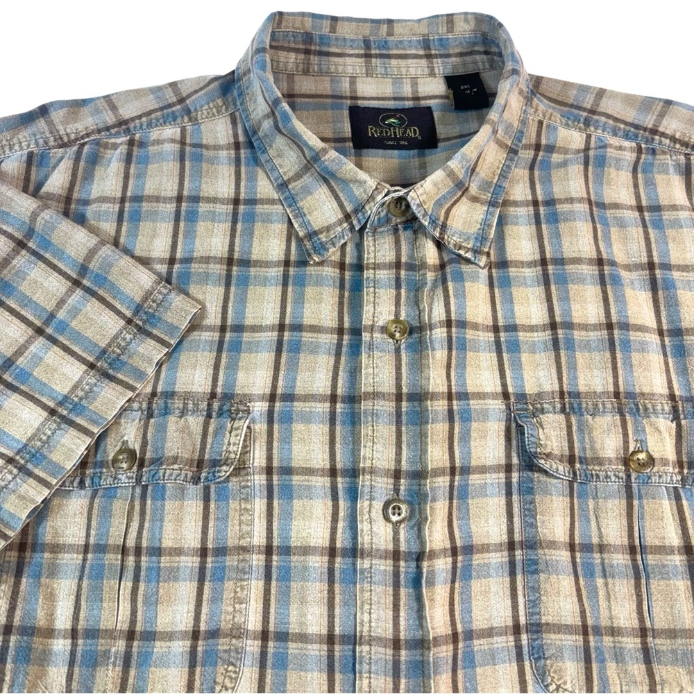Redhead Mens Camp Shirt 3XL Collar Cotton Tan‎ Plaid Short Sleeve Button Pockets